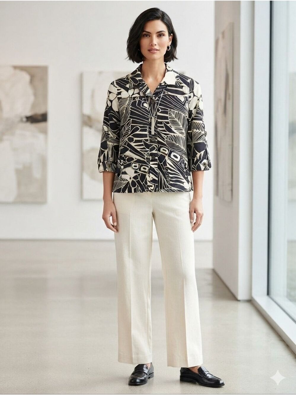Chico's Black Jacket w/ Abstract white & khaki floral Chicos 2 - Large Stretch
